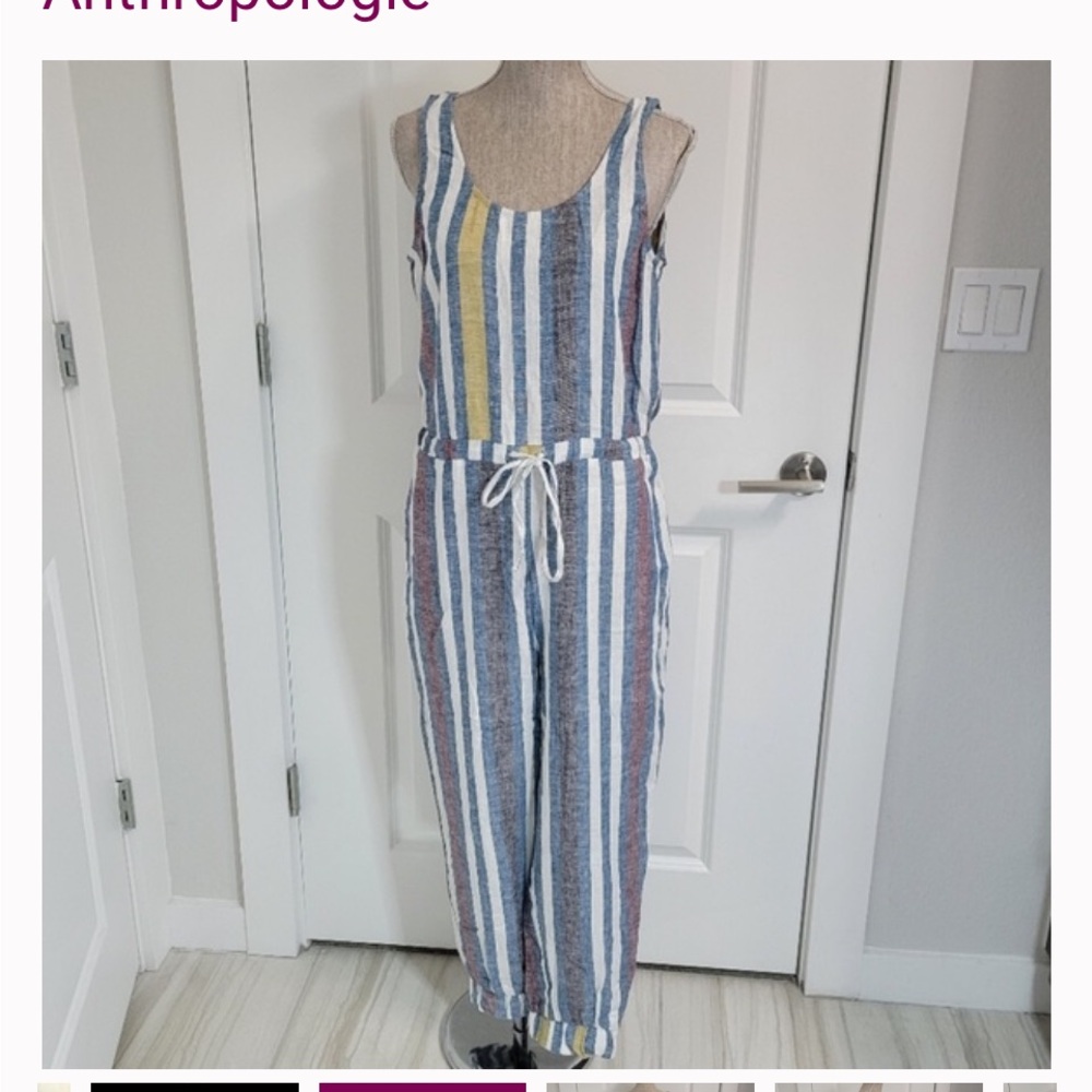 NWT DREW Linen Mustard Teal White stripe sleeveless Drew Jumpsuit, XS